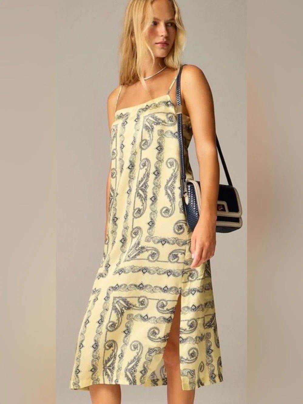 NWT J. Crew Yellow Paisley Slip Midi Dress with Side Slit, US12